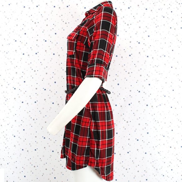 Half Sleeve Plaid Shirt Dress with Belt Red Black - Picture 4 of 8